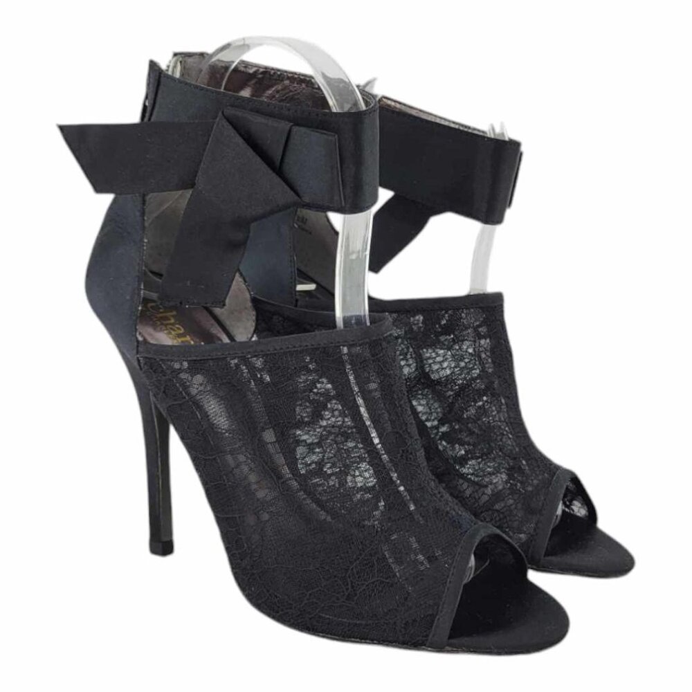 NEW Charles David Black Sateen Bow and Mesh Heels Sz 6.5